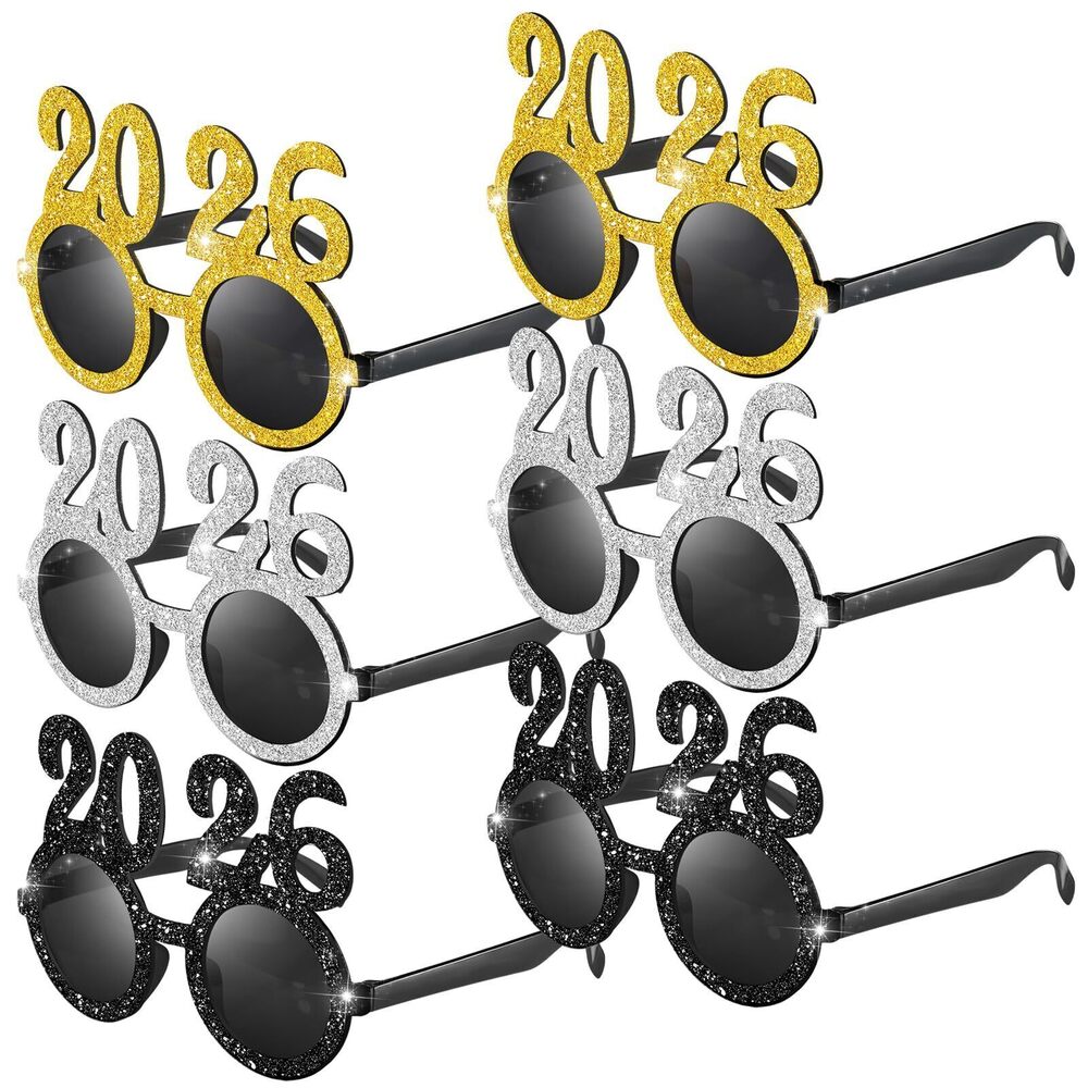 1271 6 Pcs 2026 Happy New Year Eyeglasses 2026 Glitter Sunglasses for New